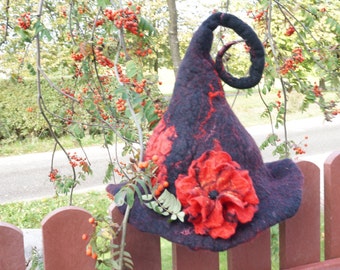 Halloween Witch hat black red felted with felt wool flower rose orange brooch sauna cap tribal Valentine New year Christmas carnival