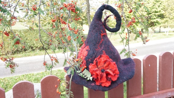 Halloween Witch hat black red felted with felt wool flower rose orange brooch sauna cap tribal Valentine New year Christmas carnival