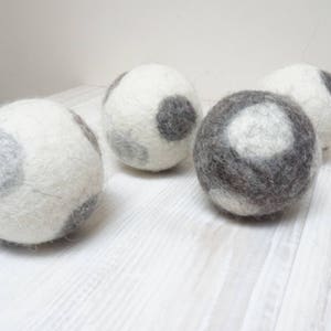 Wool dryer balls, large, set of 3, natural non dyed, felted, polka dots white beige grey brown laundry cat dog pet baby children image 9