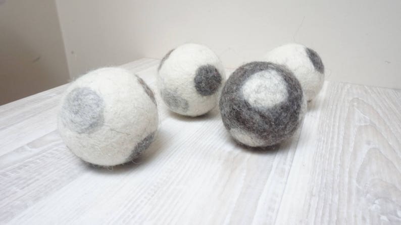 Wool dryer balls, large, set of 3, natural non dyed, felted, polka dots white beige grey brown laundry cat dog pet baby children image 9