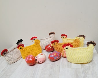 Set of 6 knitted chicken hen egg warmers, Easter gift surprise cozies handmade red yellow orange home decor rooster cock amigurumi crochet