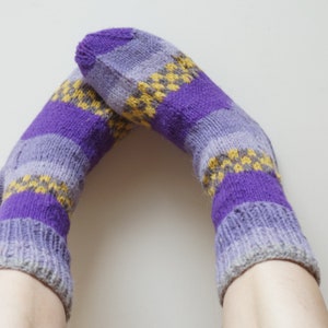 Purple gray yellow Socks Stockings hand knitted Leg warmer Christmas size 7 8 9 handmade unisex boy girl Wool woman scandinavian geometric image 1