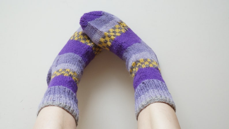 Purple gray yellow Socks Stockings hand knitted Leg warmer Christmas size 7 8 9 handmade unisex boy girl Wool woman scandinavian geometric image 1