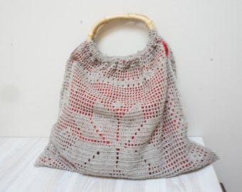 Gray linen crochet NEW bag bamboo handle handbag purse pouch macrame mesh knit folk tote messenger clutch hobo shopping market red lined