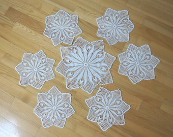 6+1 White linen doilies, set of flower coaster, 7 six seven floral crochet mat, wedding pad table placemat napkin knit flax round snowflake