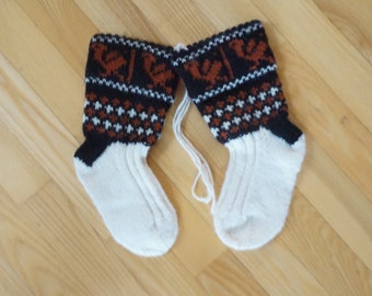 Cat and ostrich Christmas Children Socks slippers hand knitted knit Leg warmer size 7 8 9 10 brown white handmade home shoes ready to ship