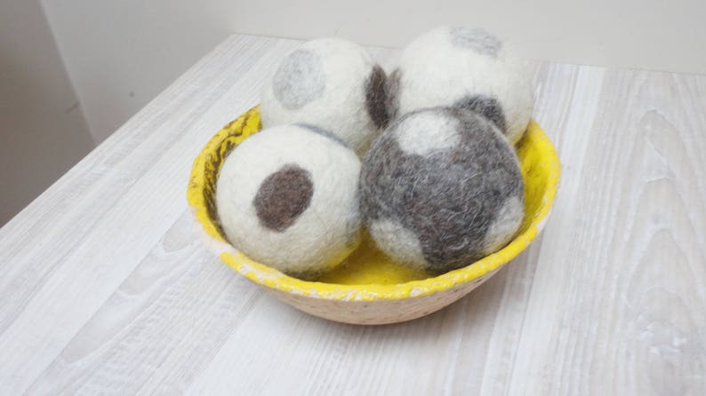 Wool dryer balls, large, set of 3, natural non dyed, felted, polka dots white beige grey brown laundry cat dog pet baby children image 2