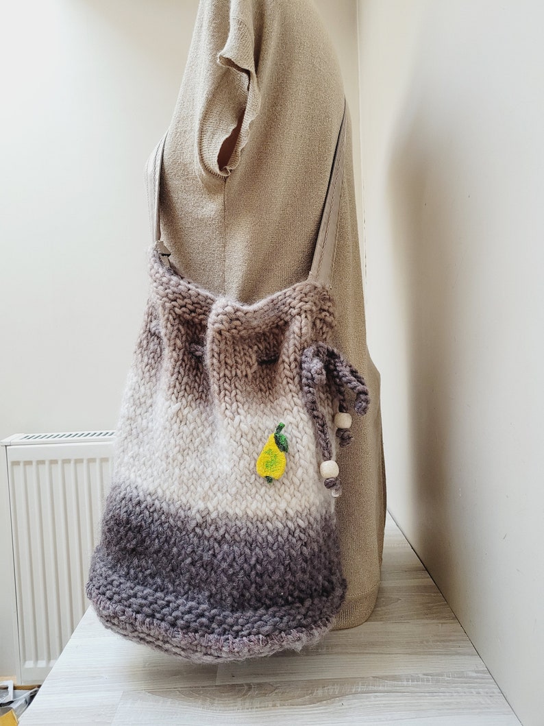Ombre brown/beige needle knitted bucket bag, drawstring crochet handbag knit folk tote, shoulder wool knit striped handmade hobo style big image 5