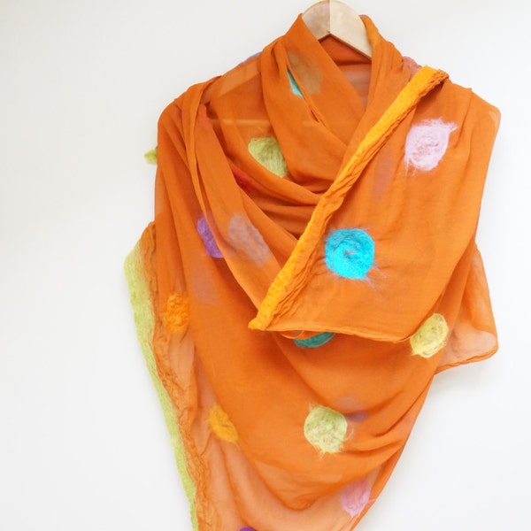 Shawl wrap scarf Nuno felt wool viscose polka dot orange green yellow purple blue huge big large ooak silk pink summer outfit clothing