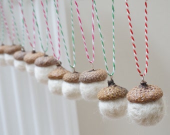10 felted acorns ornament with natural caps, wool balls (0.75 - 1 in. size) white Christmas tree hanging bauble decoration