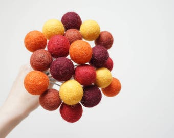 Felt pom pom flowers craspedia bouquet multicolor wool balls red brown orange yellow burgundy arrangement stem floral Easter Billy buttons