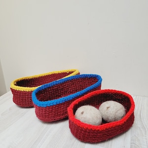 3 stacking basket + 2 felt eggs; crochet burgundy vibrant rope nesting bowl trinket red blue yellow wool set of oval storage box egg snack