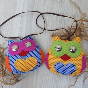 Set of 2 Owl ornaments, hand sewn woodland ornament hanging felt Christmas tree baby children nursery room decor bird forest animal heart