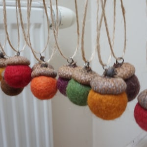 May include: A collection of felt acorn ornaments with brown, red, orange, yellow, green, and purple felt. Each acorn is strung on a twine cord.