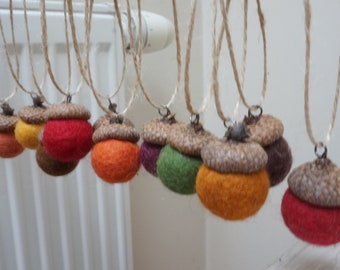 10 felted acorns ornament with real caps, wool balls home Christmas tree hanging bauble decoration autumn fall orange red