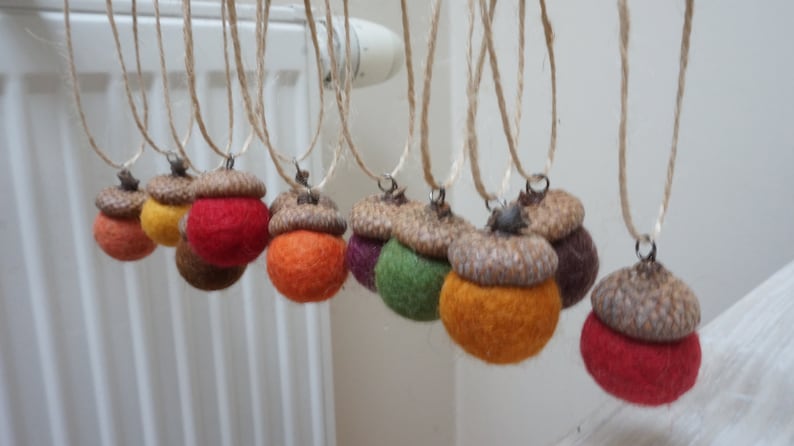 10 felted acorns ornament natural caps wool balls 0.75 1 in. size home Christmas tree hanging bauble decoration red purple turquoise Fall colors mix