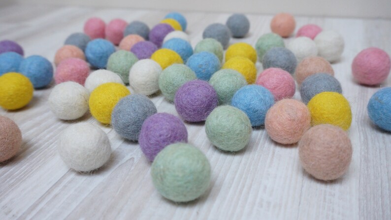 Pastel 50 felt wool balls 1/2 in. size green yellow grey blue pink white beige yellow art craft supply handmade in Lithuania powder soft image 2