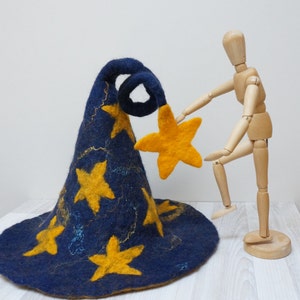 Wizard Halloween Witch hat dark blue yellow felted with stars sauna cap tribal Valentine New year Christmas carnival gnome navy
