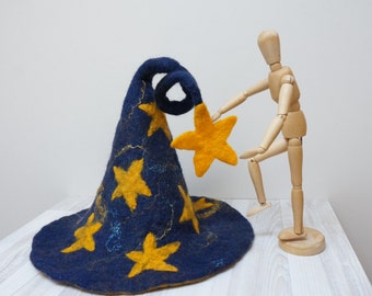 Wizard Halloween Witch hat dark blue yellow felted with stars sauna cap tribal Valentine New year Christmas carnival gnome navy
