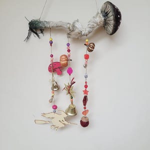 Witch Bells w Baltic Amber & Sage, amanita mushroom home protection, Halloween decor wiccan altar hanging ornament, door wall Thanksgiving