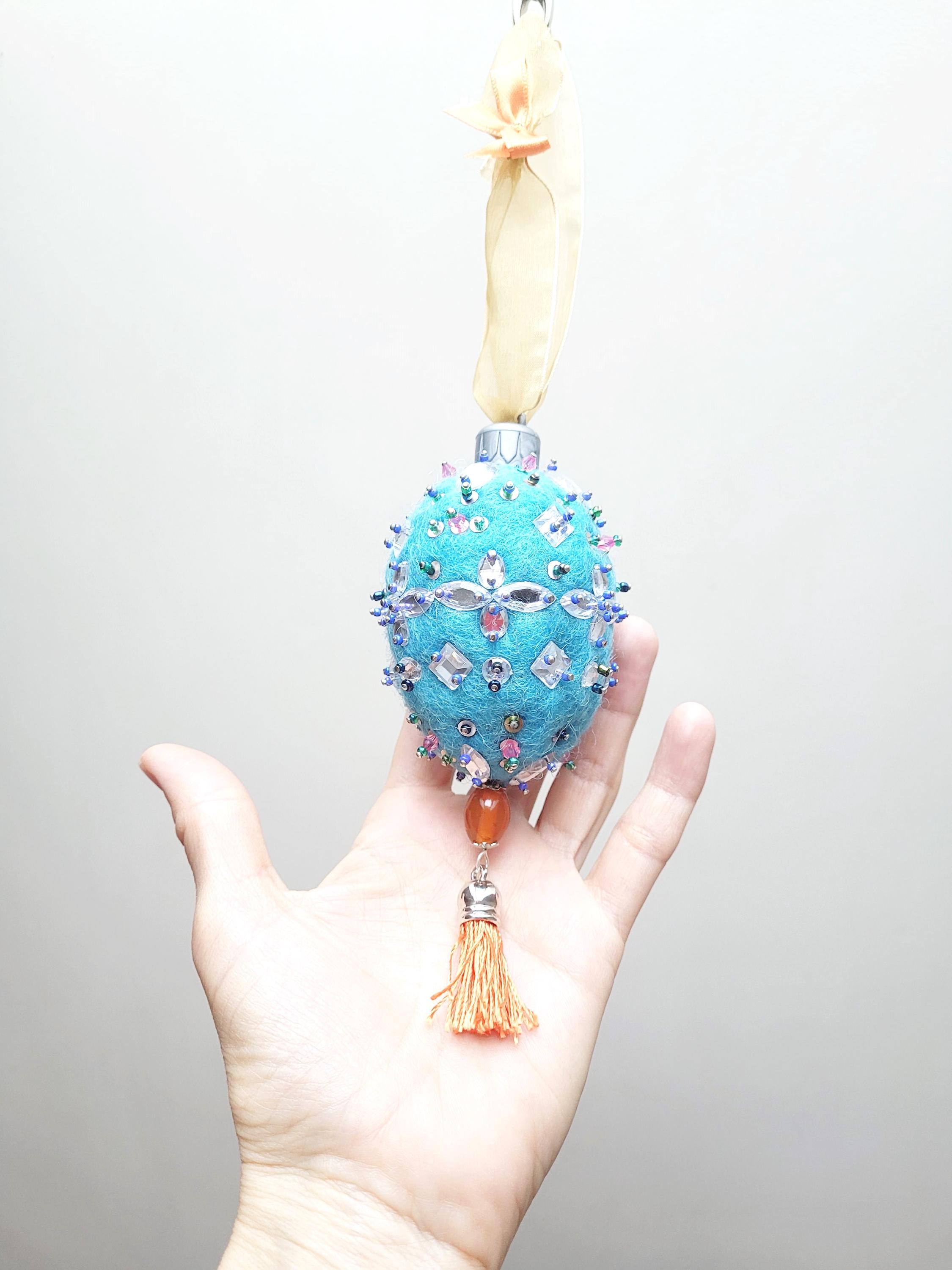 Big felted sequin pin cushioned hanging Easter egg ornament, wool turquoise jeweled bling felt home decoration tassel Christmas tree bauble