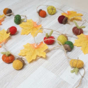 Fall Thanksgiving garland felt wool pumpkin acorn leaf orange red green yellow autumn Halloween leaves bunting home decor decoration felted image 1