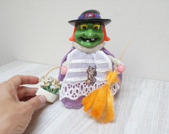 Kitchen witch / secret box, Halloween green face doll, handmade Good luck hag, Norwegian ornament pointed hat home decor art figurine hand