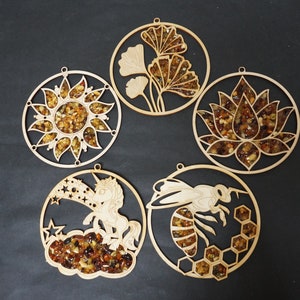 Choose Amber suncatcher unicorn bee lotus mandala Lithuanian fridge magnet chip laser cut animal wooden ornament Baltic Christmas tree decor