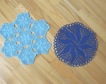 Set of 2 Doily coaster centerpiece cable knit crochet mat pad round blue table placemat cotton home decor handmade floral flower napkin folk
