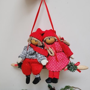 Wooden elves girl & boy in love on roller pin, wall hanging Swedish gnome, Scandinavian red pixie tomte elf doll Christmas figurine Sweden