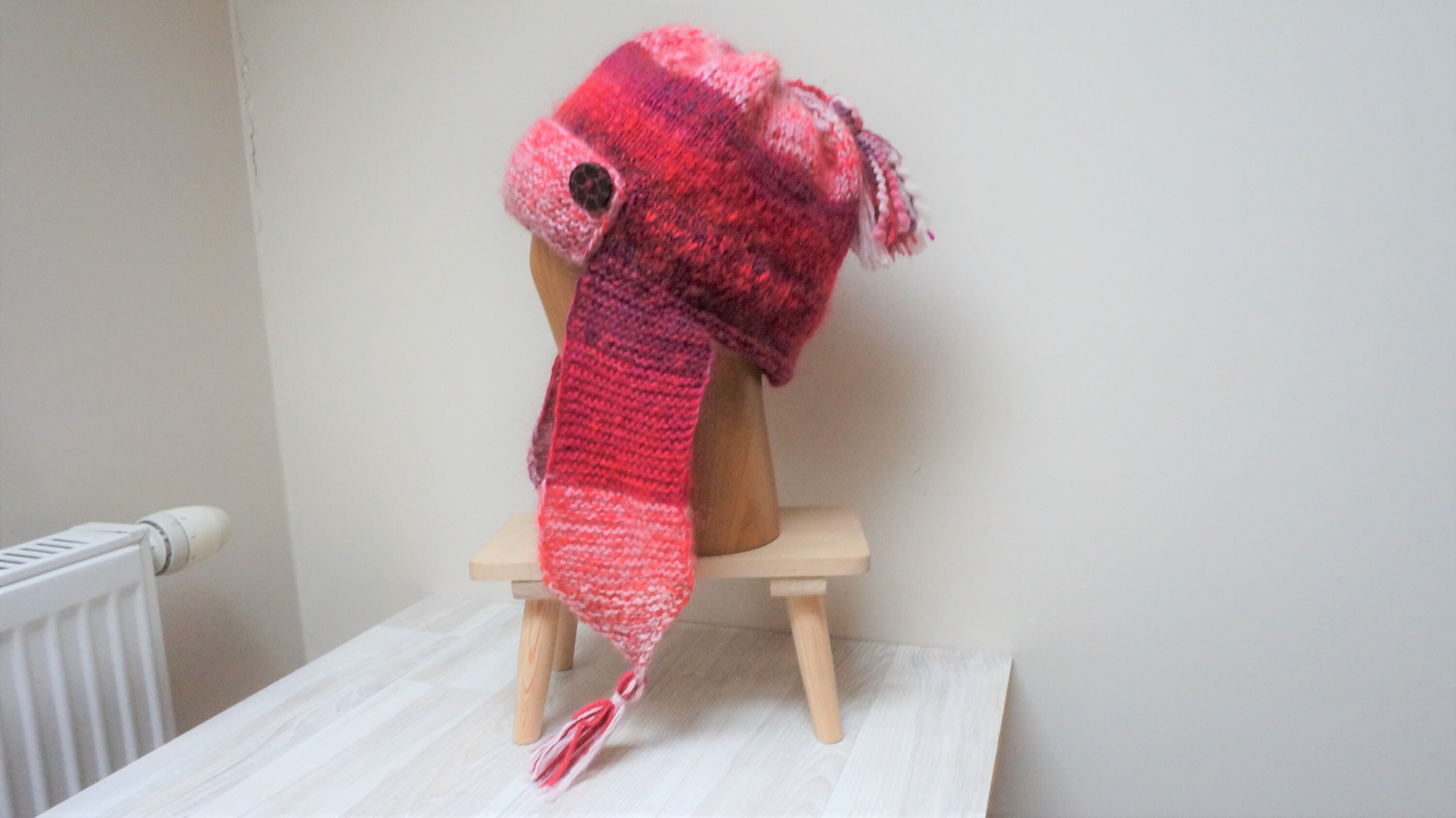 Ear Flap ROSE Beanie Knit Helmet Mohair Wool Hat Ear Flap Beanie Fringe Tassel Chunky Pink Red Stripe Mohair Earflap Warm Hat Tassel Sherpa  main image 2