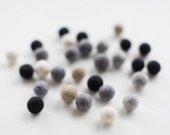 50 felt wool balls (1/2 in. size) neutral mix color: black brown grey gray white beige camel round beads craft supply diy garland monochrome