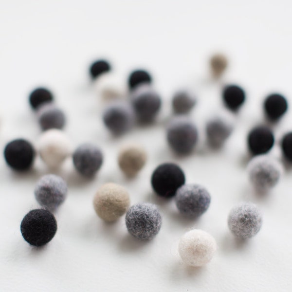 50 felt wool balls (1/2 in. size) neutral mix color: black brown grey gray white beige camel round beads craft supply diy garland monochrome