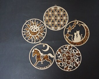 Amber suncatcher cats flower of life mandala Lithuanian fridge magnet chip laser cut horse wooden ornament Baltic Christmas tree decoration