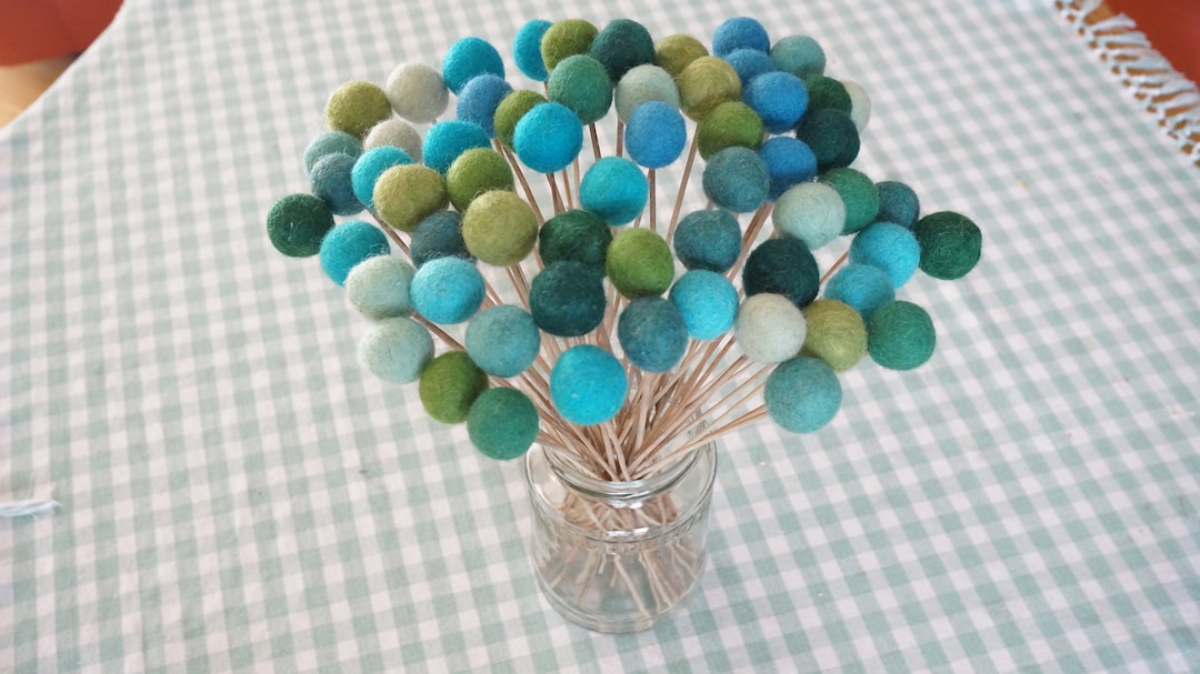 Felt Pom Pom Flowers Craspedia Bouquet Multicolor Wool Balls Turquoise