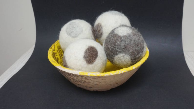 Wool dryer balls, large, set of 3, natural non dyed, felted, polka dots white beige grey brown laundry cat dog pet baby children image 4