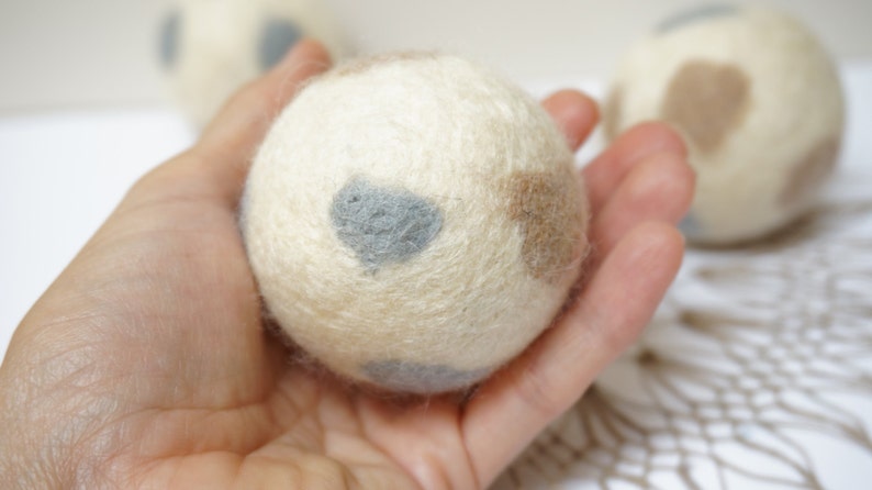 Wool dryer balls, large, set of 3, natural non dyed, felted, polka dots white beige grey brown laundry cat dog pet baby children image 5