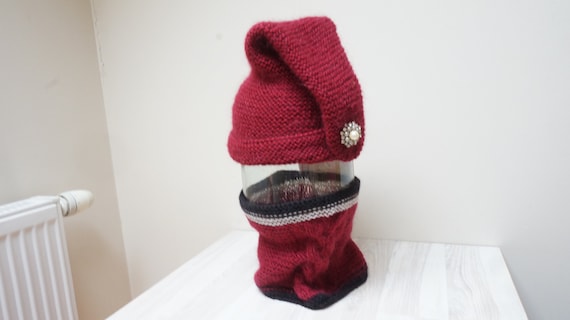 ?red wool hat with scarf & broche. 2In1 Winter Women Ladies Thick Knit Hat Scarf Set Soft Warm  main image 2