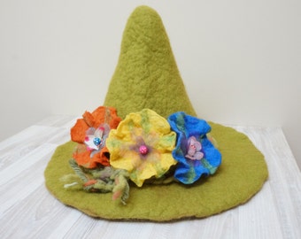 Leprechaun or troll hat, green felted with felt wool flowers feather rose brooch sauna cap tribal Valentine Christmas carnival festival