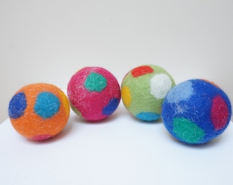 Wool rattle ball, large, multicolor, felted shaker, polka dots green blue pink yellow purple teal grey baby cat dog pet toddler toy game