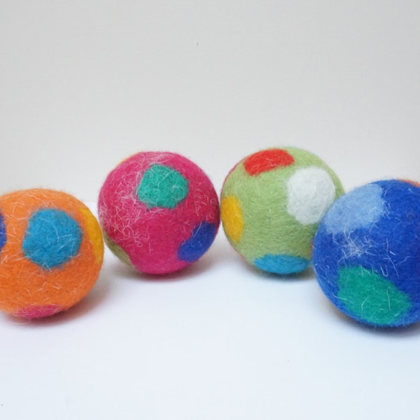 Wool rattle ball, large, multicolor, felted shaker, polka dots green blue pink yellow purple teal grey baby cat dog pet toddler toy game