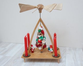 11" Erzgebirge Christmas tree pyramid carousel Santa Snowman candleholder candle holder dolls Vintage wooden Figurine made in Germany 1 tier