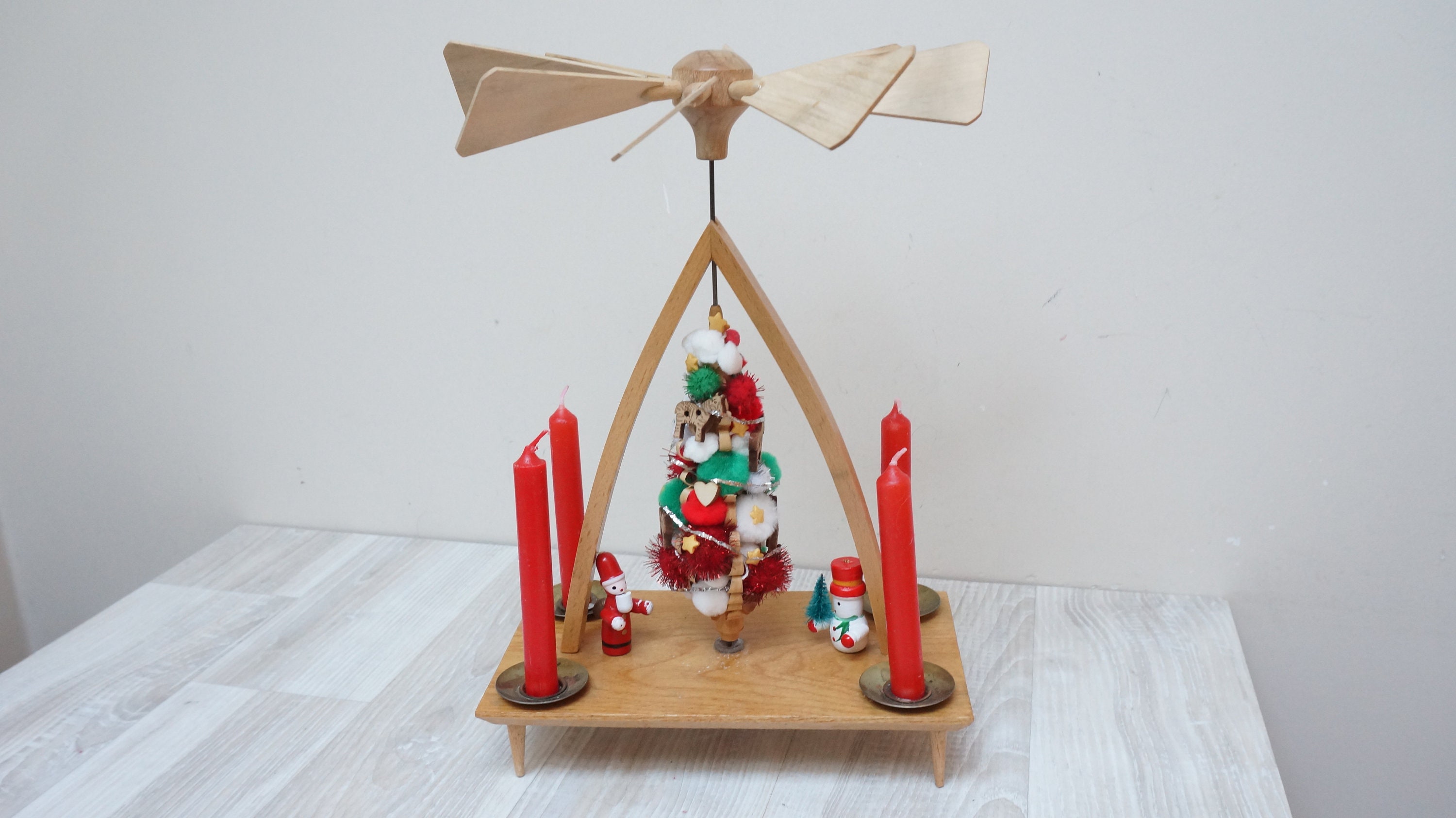 11 Erzgebirge Christmas tree pyramid carousel Santa Snowman candleholder candle holder dolls Vintage wooden Figurine made in Germany 1 tier