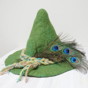 Fairytale cosplay felt hat, gnome green felted with wool flowers feather rose pin sauna cap Christmas peacock festival nisse Scandinavian