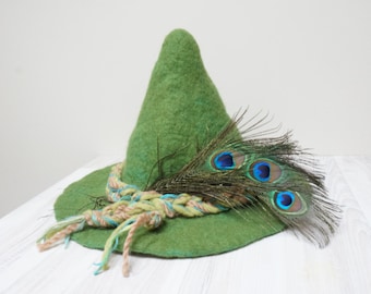 Fairytale cosplay felt hat, gnome green felted with wool flowers feather rose pin sauna cap Christmas peacock festival nisse Scandinavian