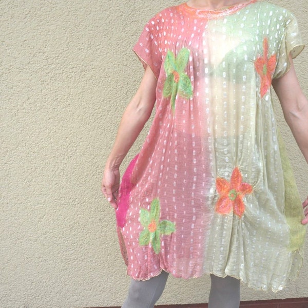 Kaftan Felted Tunic Pink Green Viscose Flower Wool nuno felt One size Beach boho hippie Dress Blouse upcycle S M L small large medium