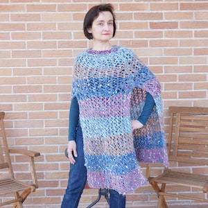 Warm spring ombre Mohair Knitting Summer Poncho Scarf shawl wrap crochet knit blue purple Shawl mesh net fishnet ooak handmade wool openwork image 1