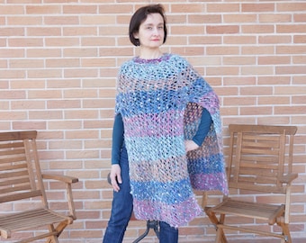 Warm spring ombre Mohair Knitting Summer Poncho Scarf shawl wrap crochet knit blue purple Shawl mesh net fishnet ooak handmade wool openwork