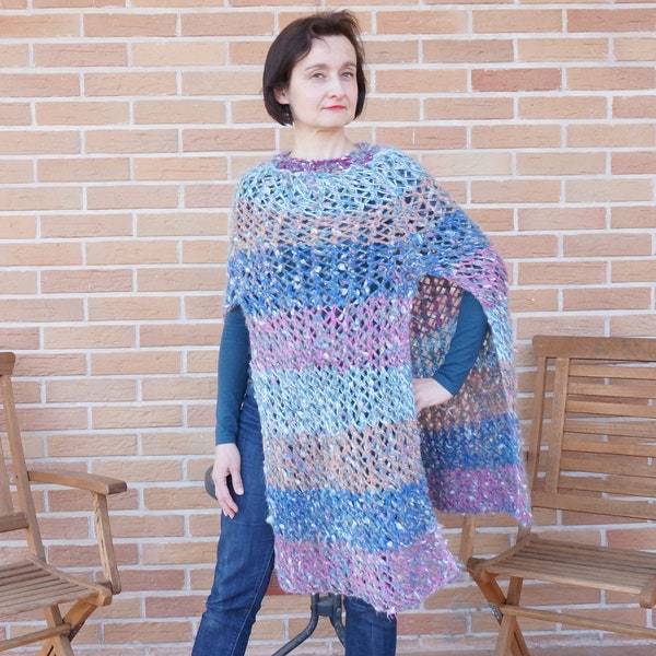 Chaud printemps ombre Mohair tricot été Poncho écharpe châle wrap crochet tricot bleu violet châle maille filet résille ooak laine à la main ajouré