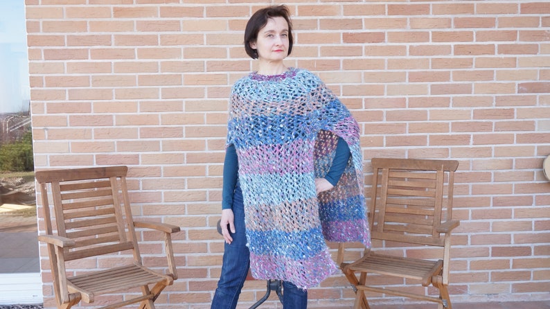 Warm spring ombre Mohair Knitting Summer Poncho Scarf shawl wrap crochet knit blue purple Shawl mesh net fishnet ooak handmade wool openwork image 1